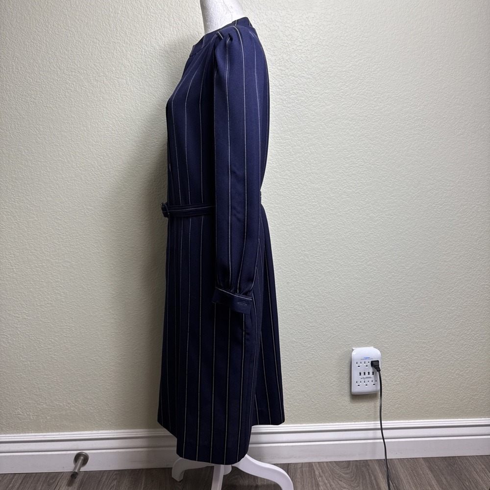 Vintage Schrader Sport Petite Dress 10 Pinstripe Midi Belted 80s Academic - Picture 4 of 6